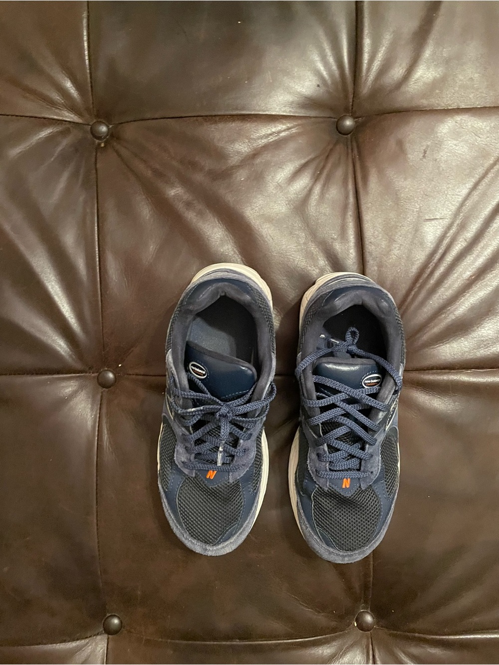 Used- New Balance Navy Athletic Sneakers with Orange Logo Accent